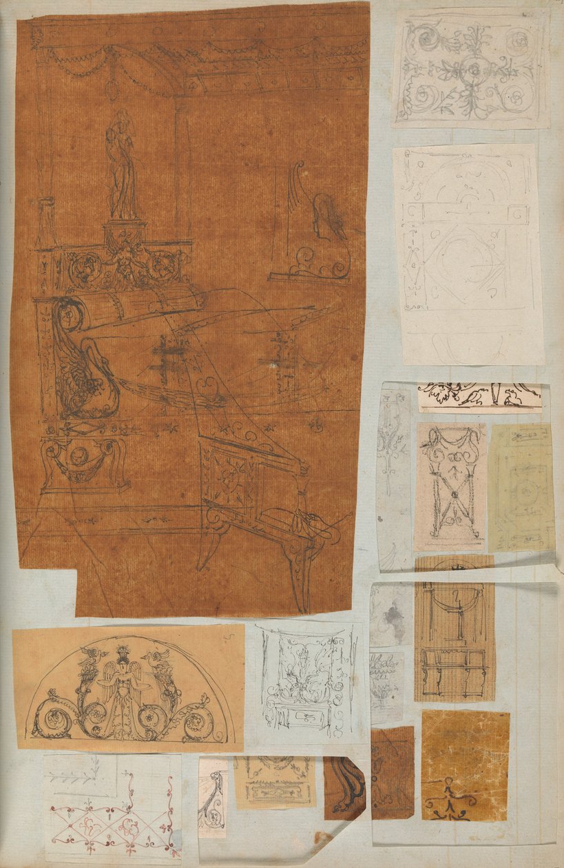 Sida från en klippbok som innehåller ritningar och flera utskrifter av arkitektur, Int..., ca. 1800-1850. Skapare: Workshop av Charles Percier, Workshop av Pierre François Léonard Fontaine. av Workshop of Charles Percier, Workshop of Pierre