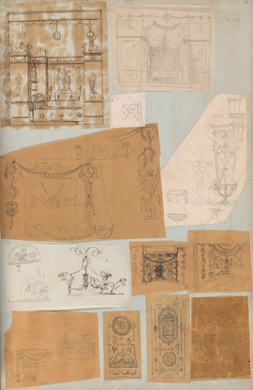 Sida från en klippbok som innehåller ritningar och flera utskrifter av arkitektur, Int..., ca. 1800-1850. Skapare: Workshop av Charles Percier, Workshop av Pierre François Léonard Fontaine. av Workshop of Charles Percier, Workshop of Pierre