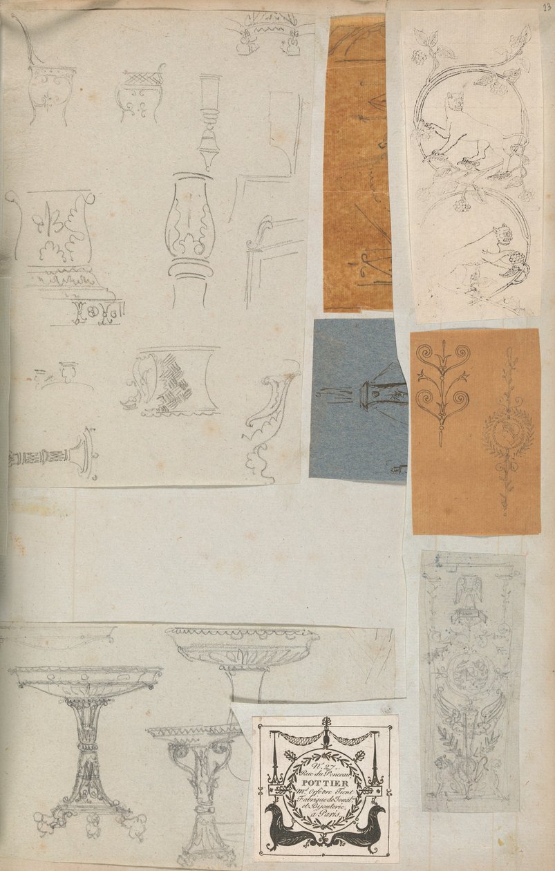 Sida från en klippbok som innehåller ritningar och flera tryck av arkitektur, Int..., ca. 1800-1850. Skapare: Workshop av Charles Percier, Workshop av Pierre François Léonard Fontaine. av Workshop of Charles Percier, Workshop of Pierre