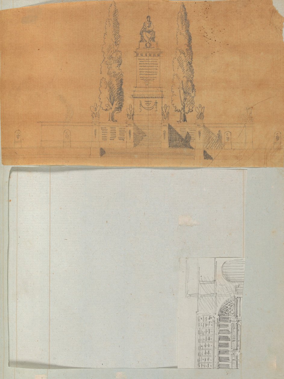 Sida från en klippbok som innehåller ritningar och flera utskrifter av arkitektur, Int..., ca. 1800-1850. Skapare: Workshop av Charles Percier, Workshop av Pierre François Léonard Fontaine. av Workshop of Charles Percier, Workshop of Pierre