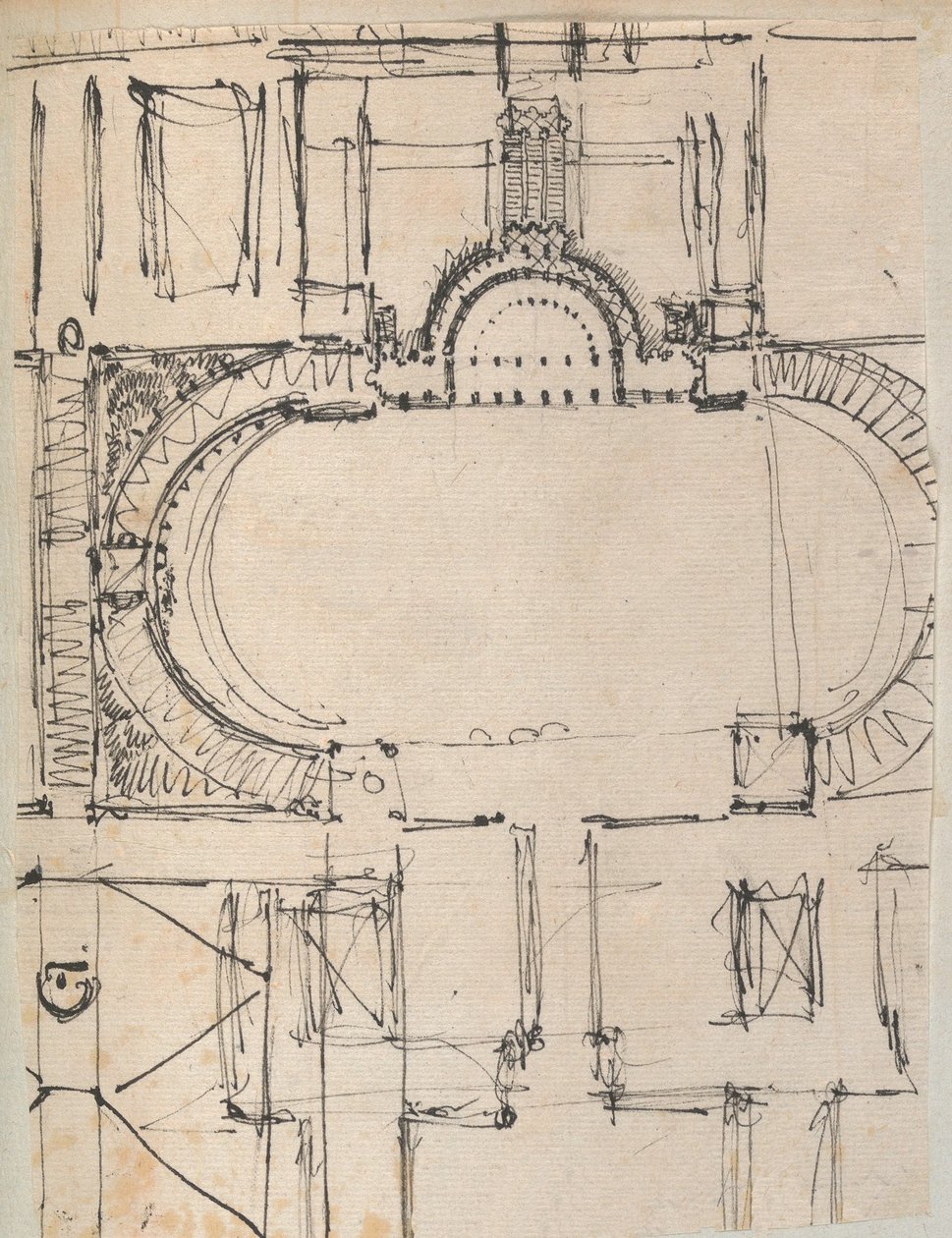 Sida från en klippbok som innehåller ritningar och flera utskrifter av arkitektur, Int..., ca. 1800-1850. Skapare: Workshop av Charles Percier, Workshop av Pierre François Léonard Fontaine. av Workshop of Charles Percier, Workshop of Pierre