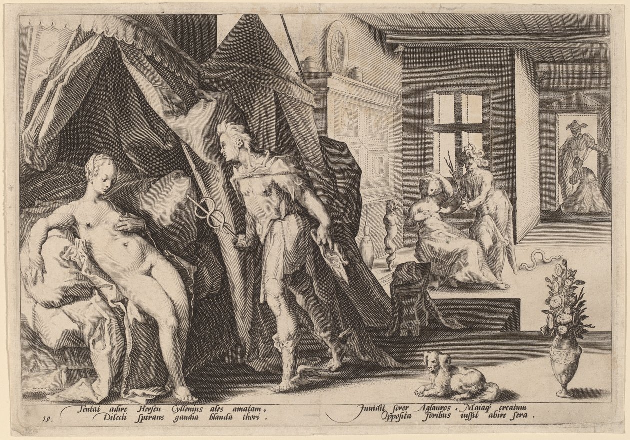 Merkurius går in i Herses rum efter att ha ändrat Agraulos till sten av Workshop of Hendrick Goltizus, after Hendrick Goltzius