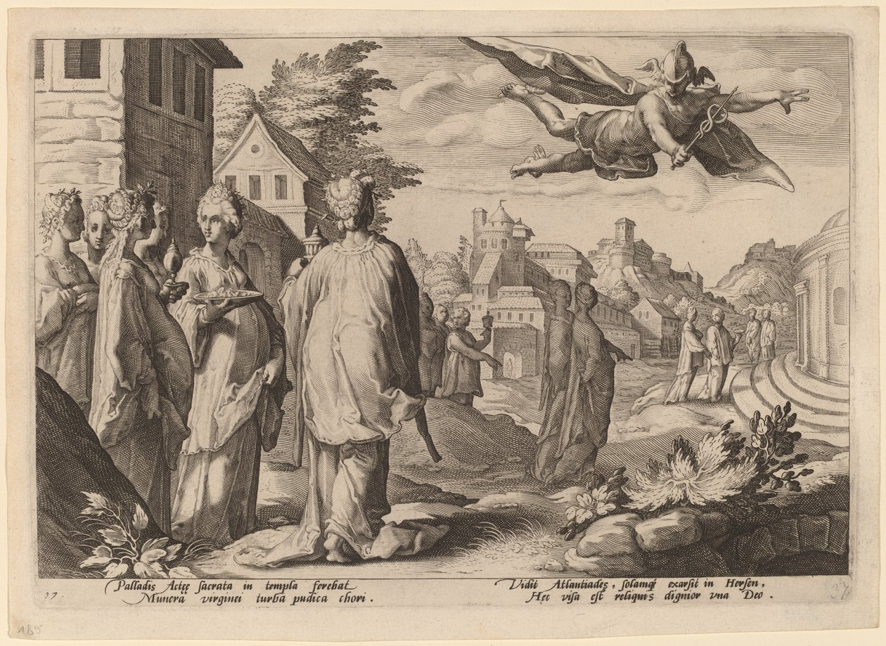 Mercury blir kär i Herse av Workshop of Hendrick Goltizus, after Hendrick Goltzius