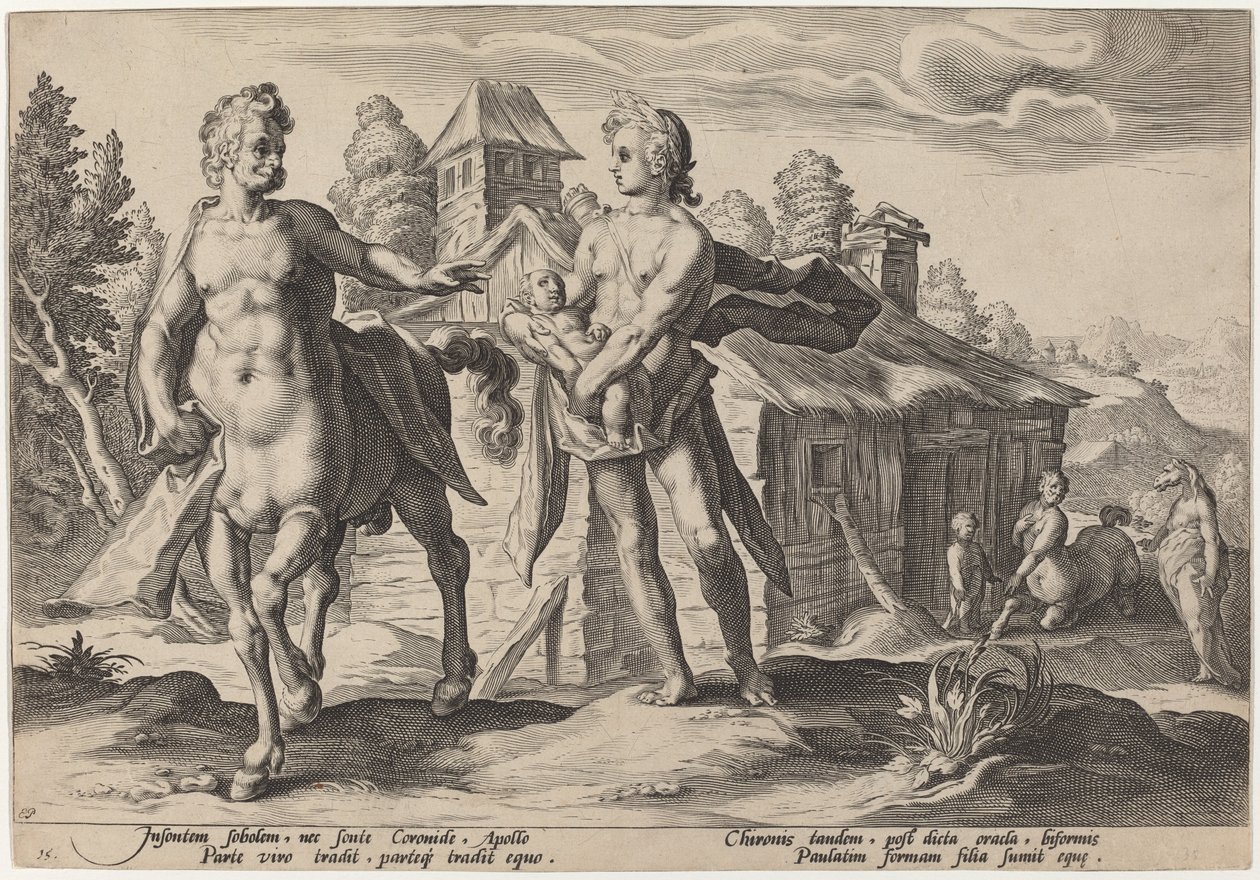 Apollo anförtror Chiron utbildningen av Asclepius av Workshop of Hendrick Goltzius, after Hendrick Goltzius
