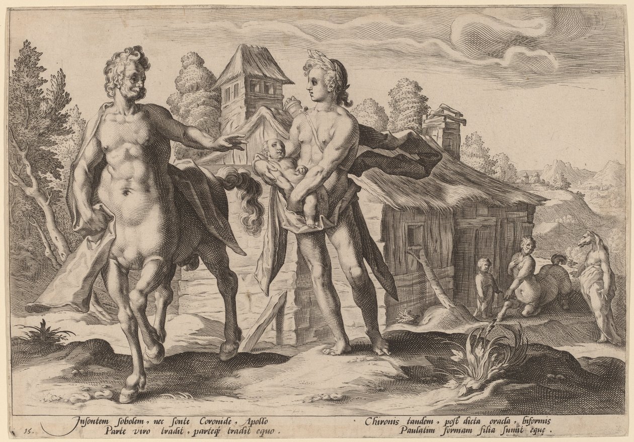 Apollo anförtror Chiron utbildningen av Asclepius av Workshop of Hendrick Goltzius, after Hendrick Goltzius