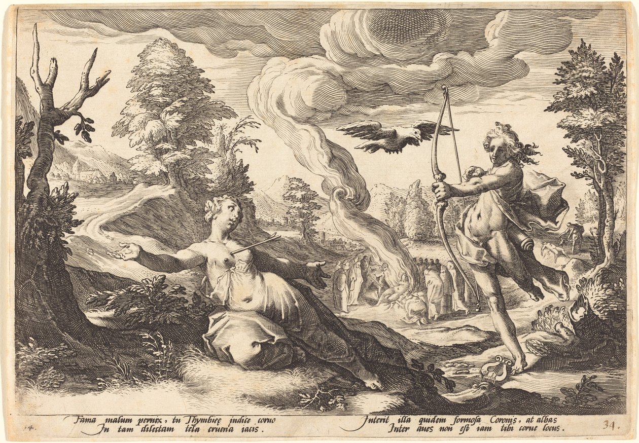 Apollo Killing Coronis av Workshop of Hendrick Goltzius, after Hendrick Goltzius