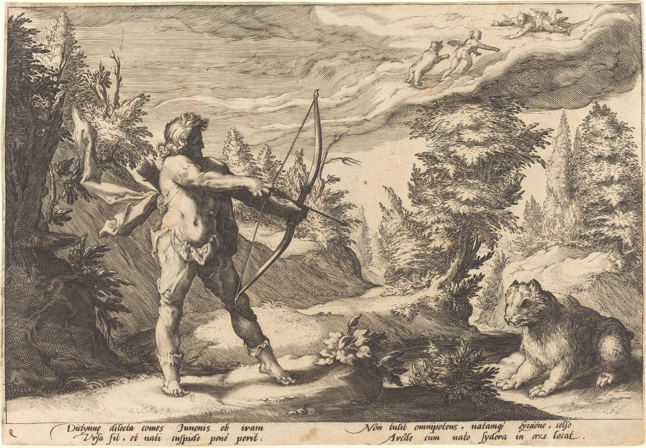 Arcas förbereder sig för att döda sin mor av Workshop of Hendrick Goltzius, after Hendrick Goltzius