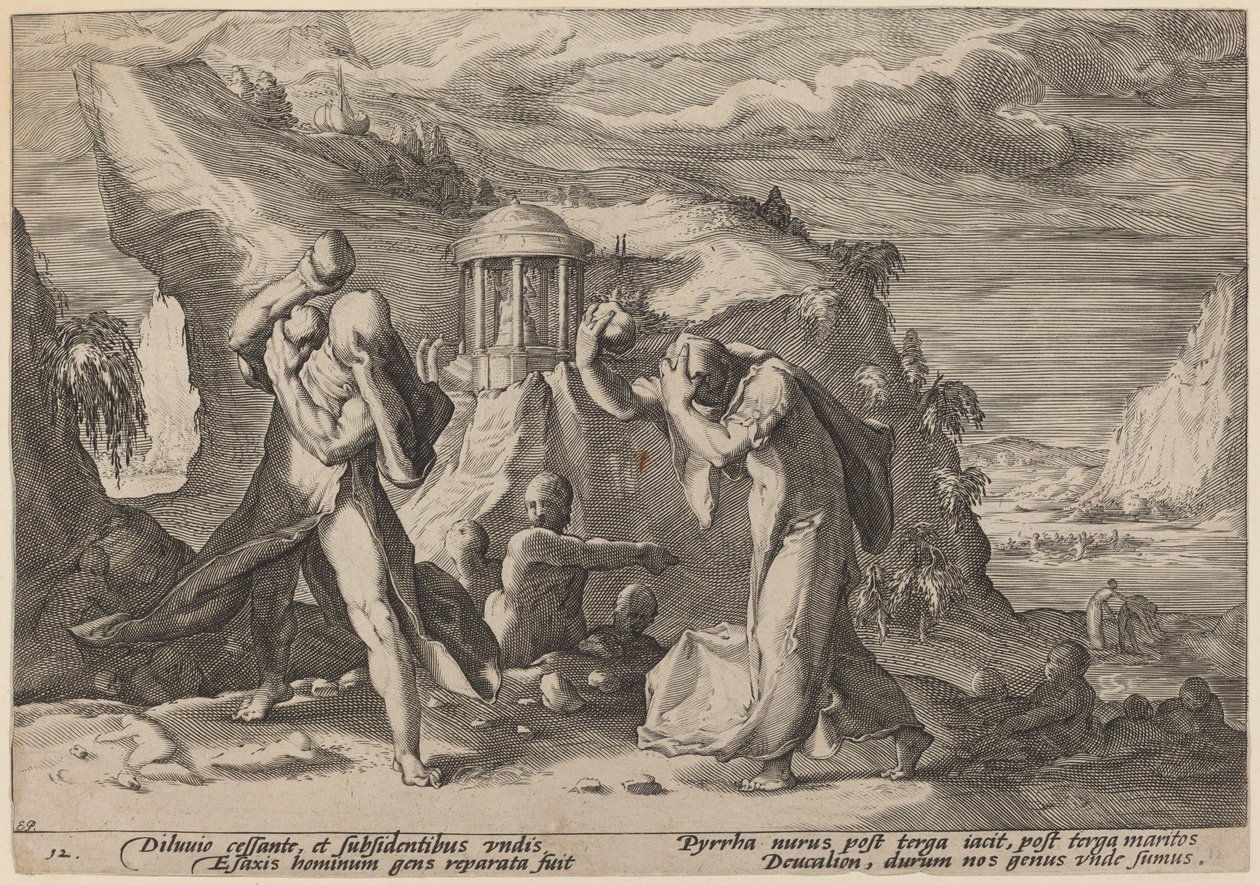 Deucalion och Pyrrha som befolkar jorden av Workshop of Hendrick Goltzius, after Hendrick Goltzius