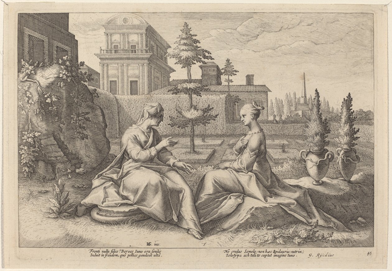 Juno i form av Beroe, Varning Semele av Workshop of Hendrick Goltzius, after Hendrick Goltzius
