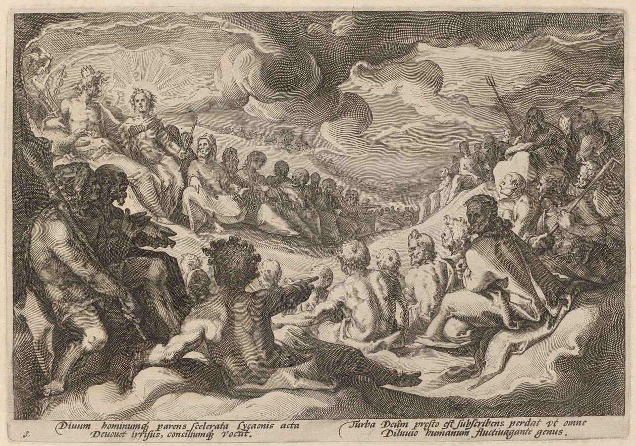 Jupiter tar råd från gudarna om förstörelsen av universum av Workshop of Hendrick Goltzius, after Hendrick Goltzius