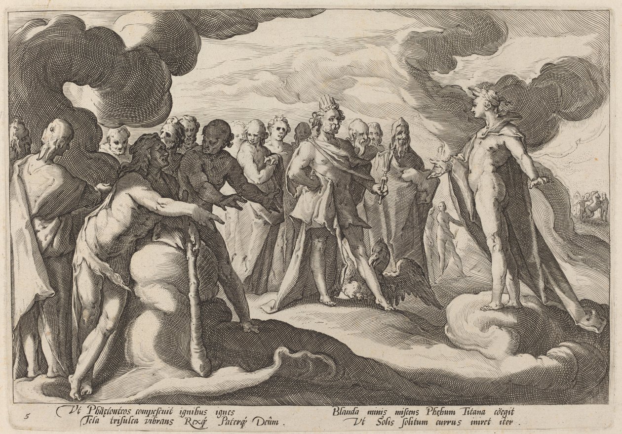Jupiter och gudarna ber Helios att återuppta kontrollen över vagnen av Workshop of Hendrick Goltzius, after Hendrick Goltzius