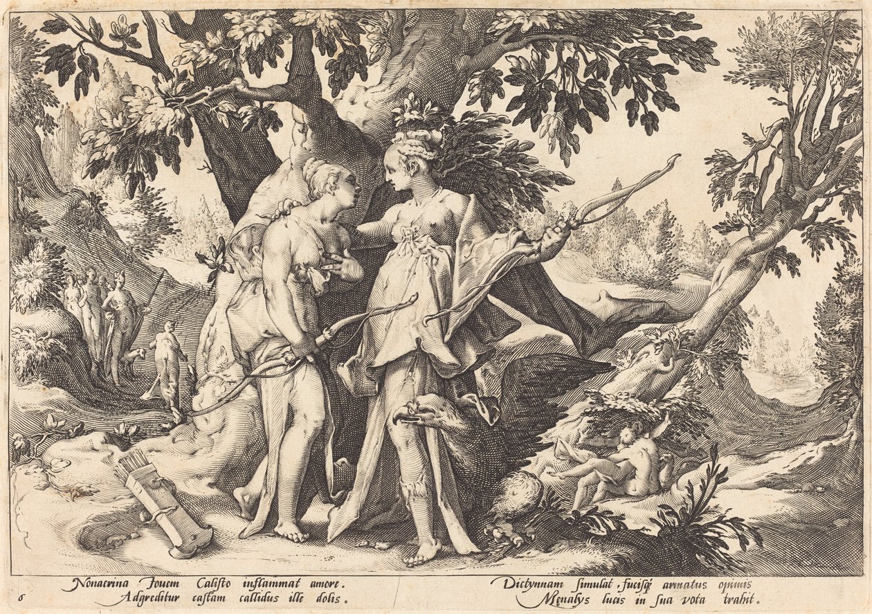 Jupiter i Dianas förklädnad förför Callisto av Workshop of Hendrick Goltzius, after Hendrick Goltzius