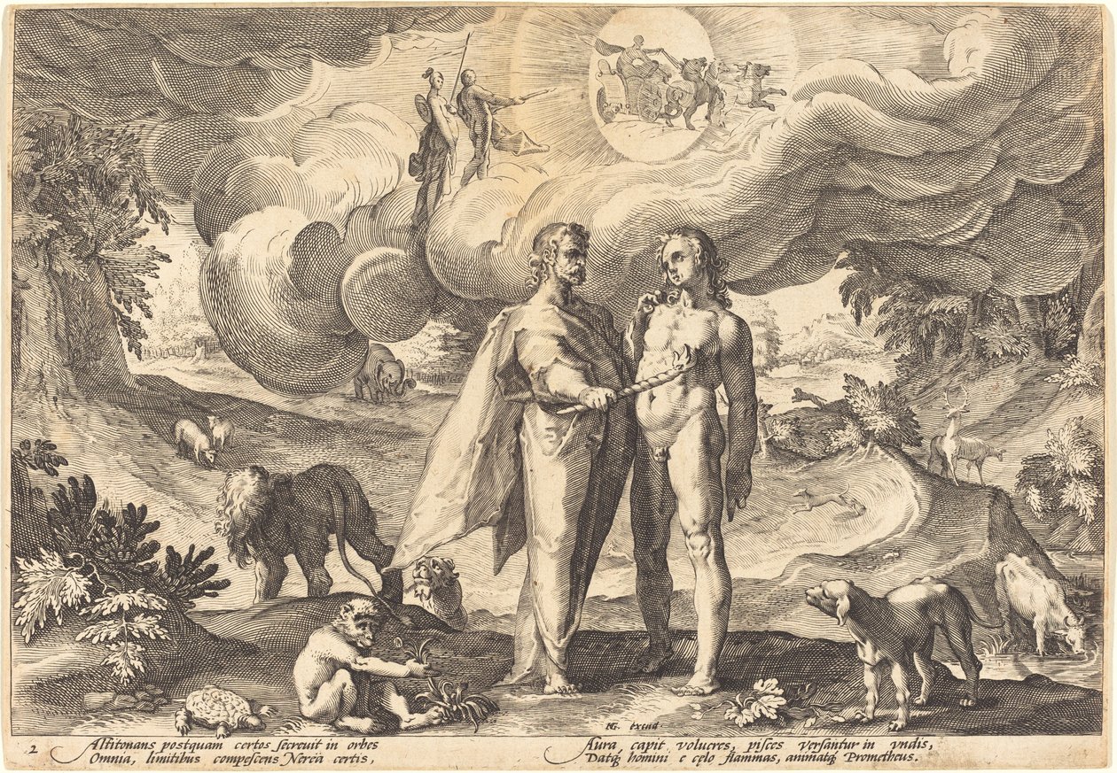 Prometheus skapar människan och animerar honom med eld från himlen av Workshop of Hendrick Goltzius, after Hendrick Goltzius