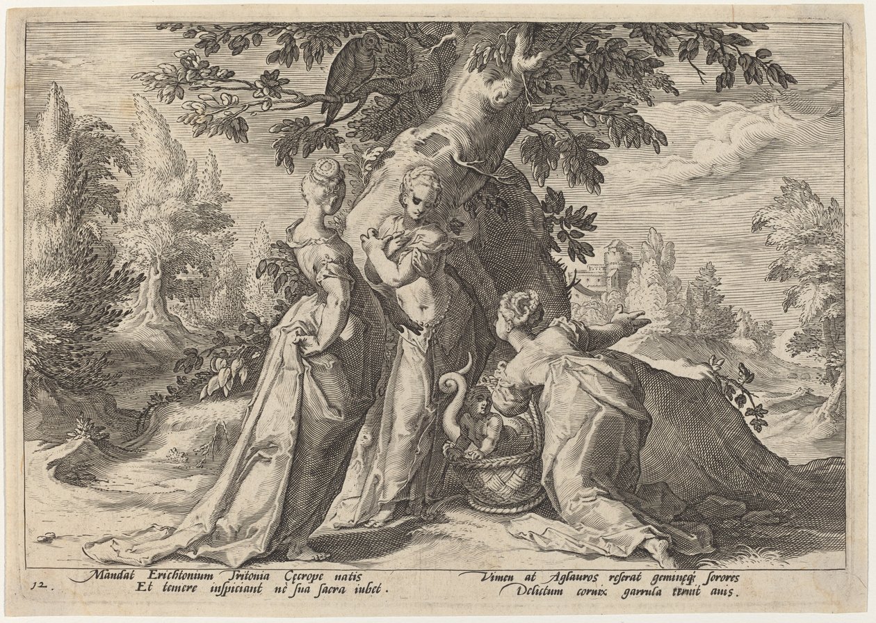 Cecrops döttrar öppnar kistan som anförtrotts dem av Minerva av Workshop of Hendrick Goltzius, after Hendrick Goltzius