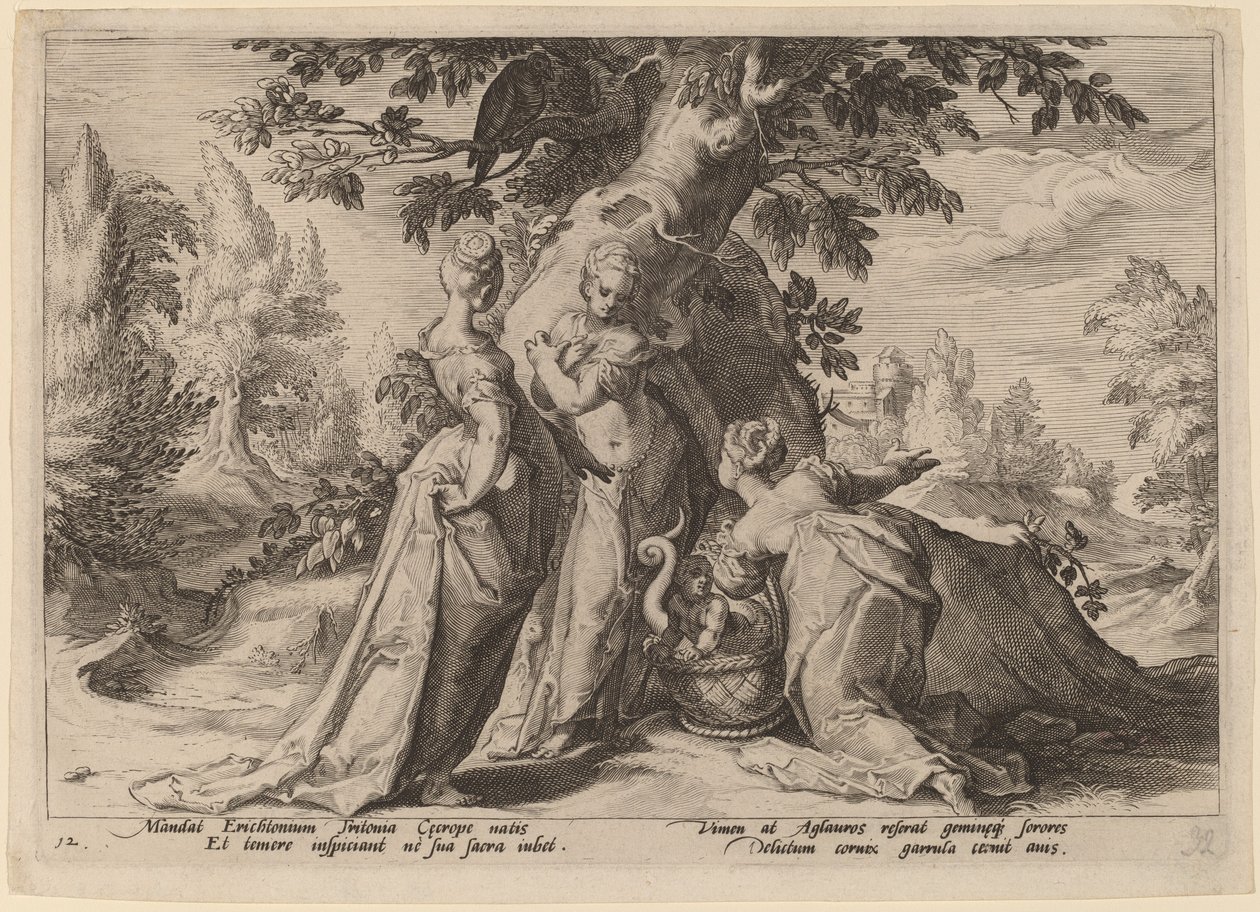 Cecrops döttrar öppnar kistan som anförtrotts dem av Minerva av Workshop of Hendrick Goltzius, after Hendrick Goltzius