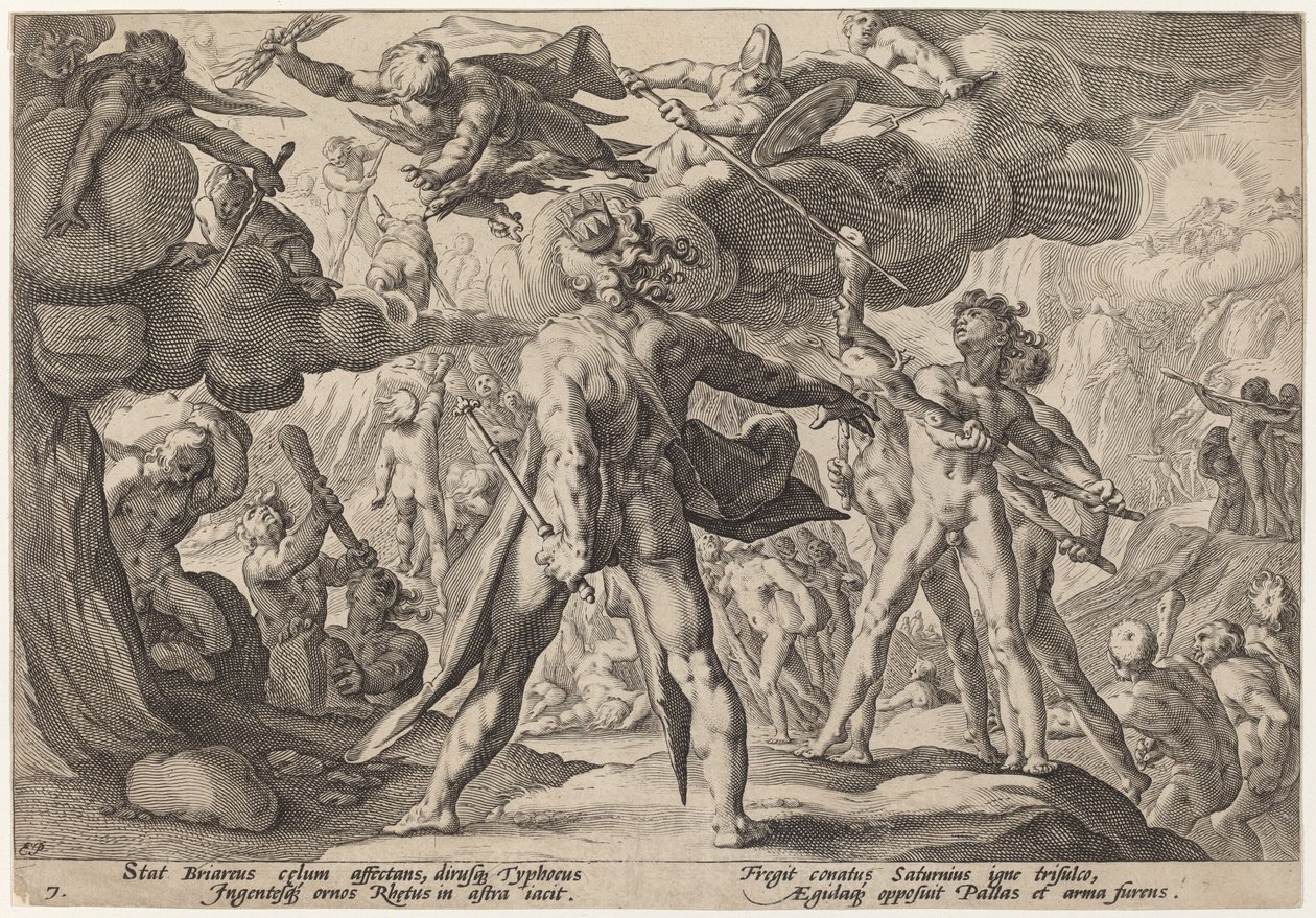 Jättarna som klättrar på himlen av Workshop of Hendrick Goltzius, after Hendrick Goltzius