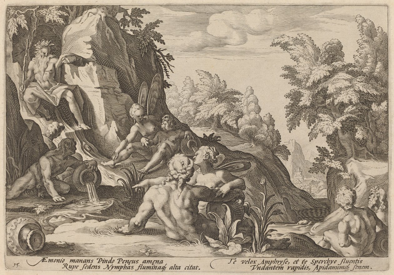 Flodguden Peneus omgiven av andra gudomligheter av Workshop of Hendrick Goltzius, after Hendrick Goltzius