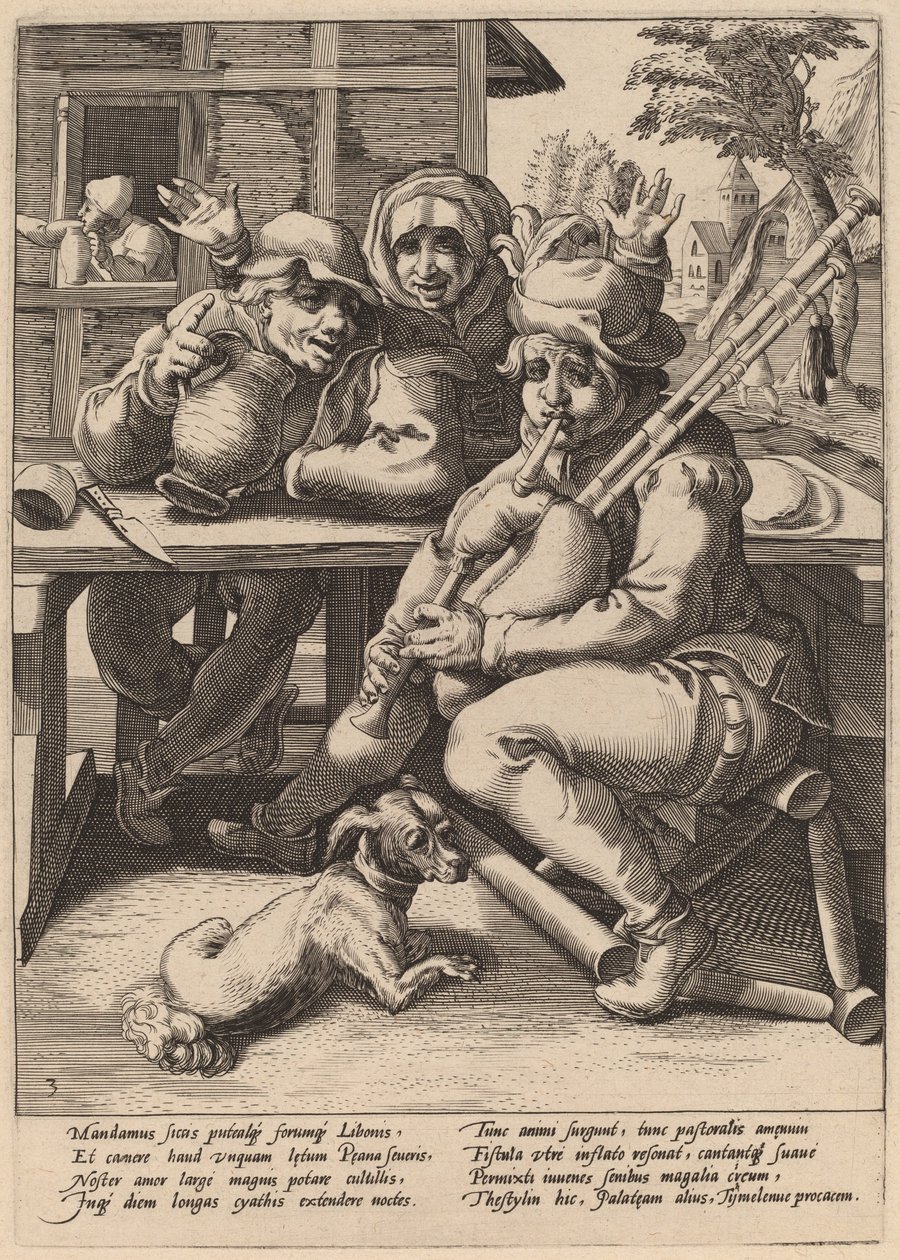 Säckpipan måste fyllas av Workshop of Hendrick Goltzius, after Karel van Mander I