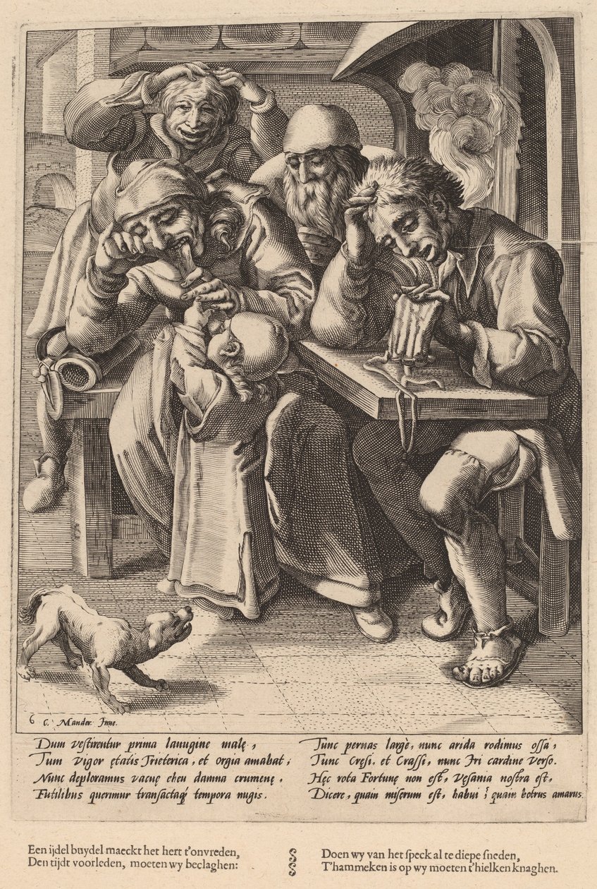 När din handväska är tom, äter du ben, inte bacon av Workshop of Hendrick Goltzius, after Karel van Mander I
