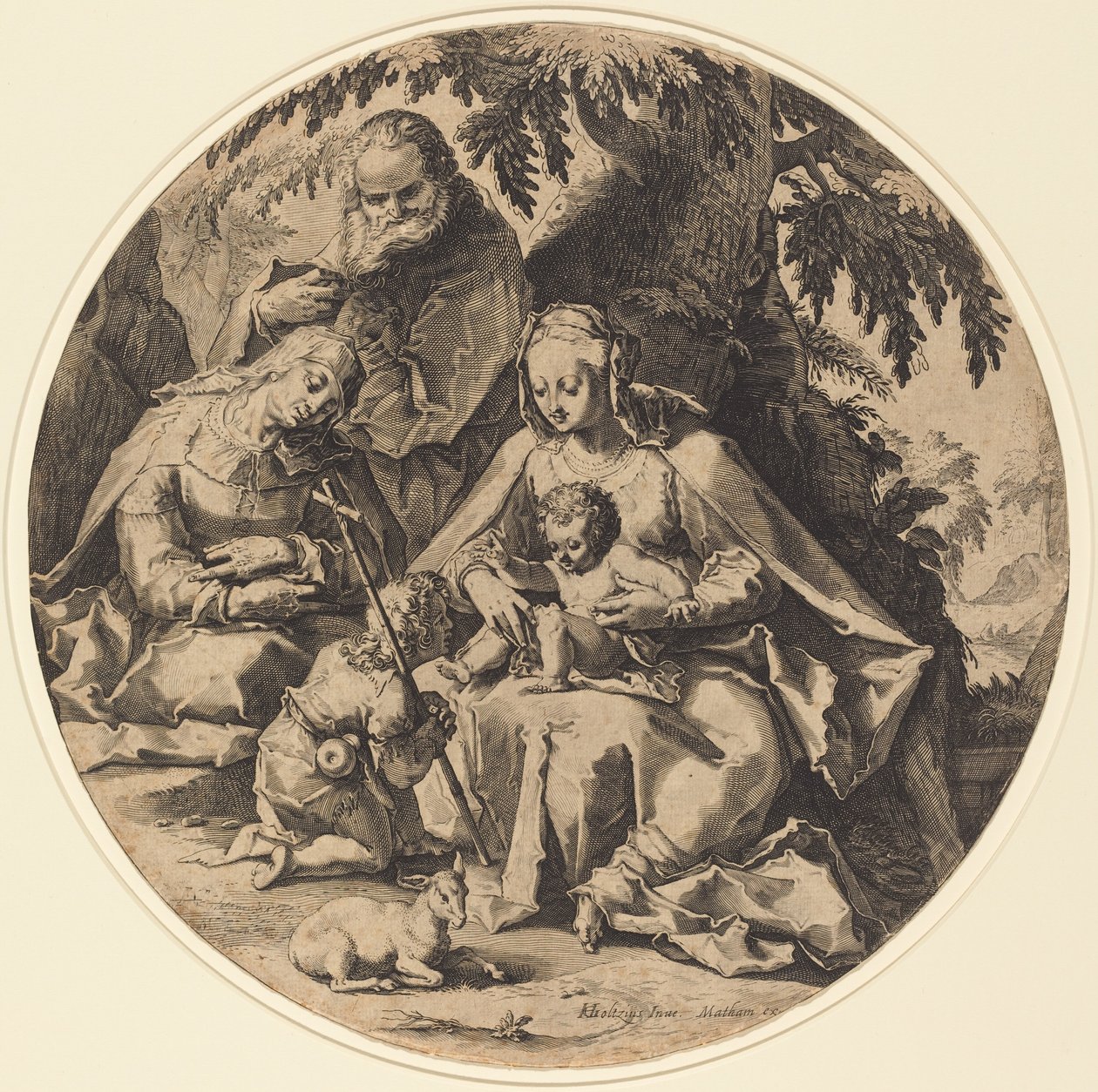 Den heliga familjen med Saint Elizabeth och Saint John the Baptist av Workshop of Jacob Matham, after Hendrik Goltzius