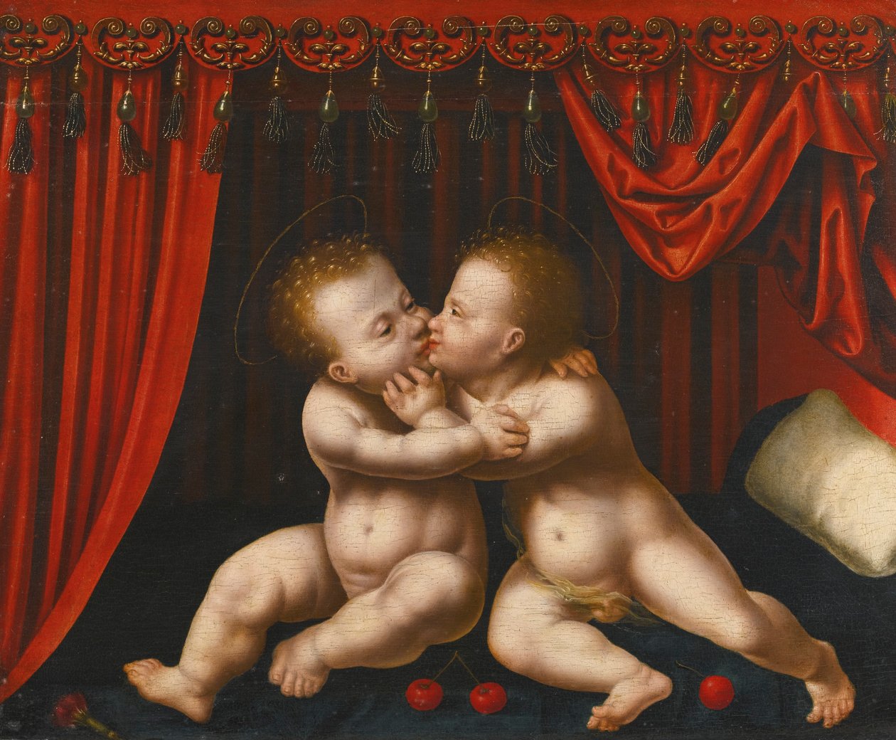 Holländska: Christus en Johannes de Doper als kinderen Spädbarnen Kristus och Johannes Döparen omfamnar varandra av Workshop of Joos van Cleve