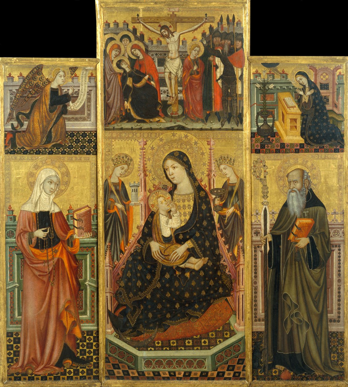 Altarpiece of the Virgin Suckling the Child, Saint Clare and Saint Anthony the Abbott av Workshop of Llorenç Saragossa
