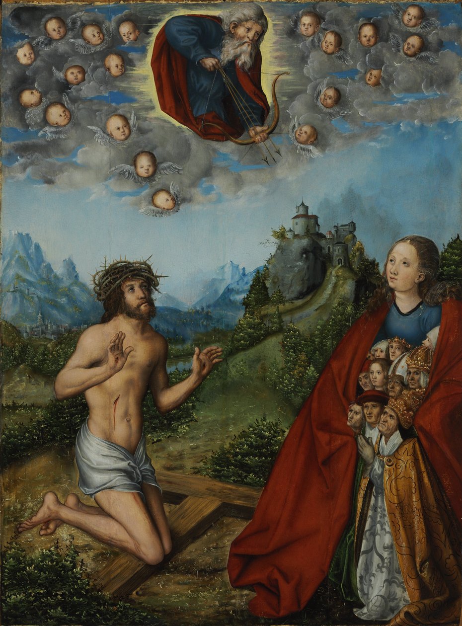Kristus och jungfruen går in för mänskligheten inför Gud Fadern (De tre plågorna) av workshop of Lucas Cranach the Elder