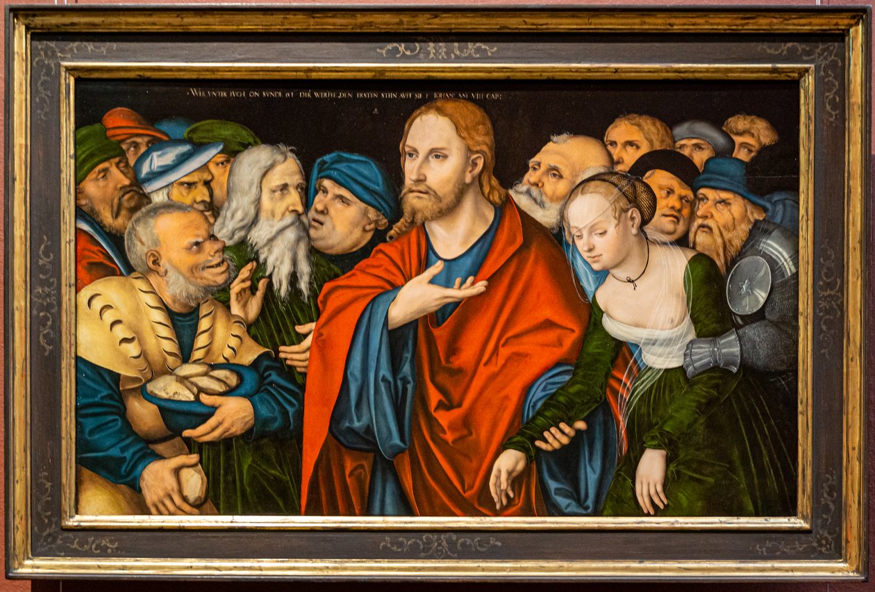 Tyska: Christus und die Ehebrecherin Kristus och den i äktenskapsbrott tagna kvinnan av workshop of Lucas Cranach the Elder