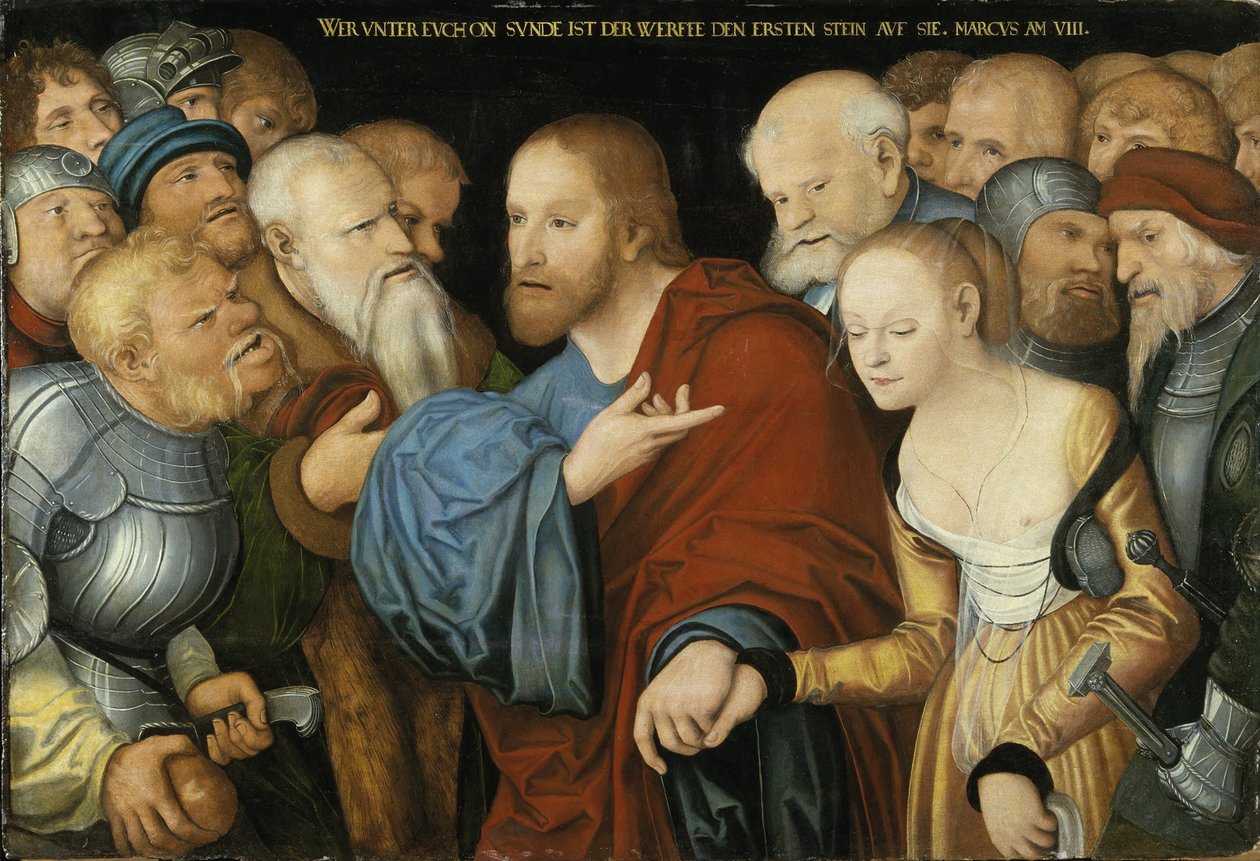 Tyska: Christus und die Ehebrecherin Kristus och kvinnan som begått äktenskapsbrott av workshop of Lucas Cranach the Elder