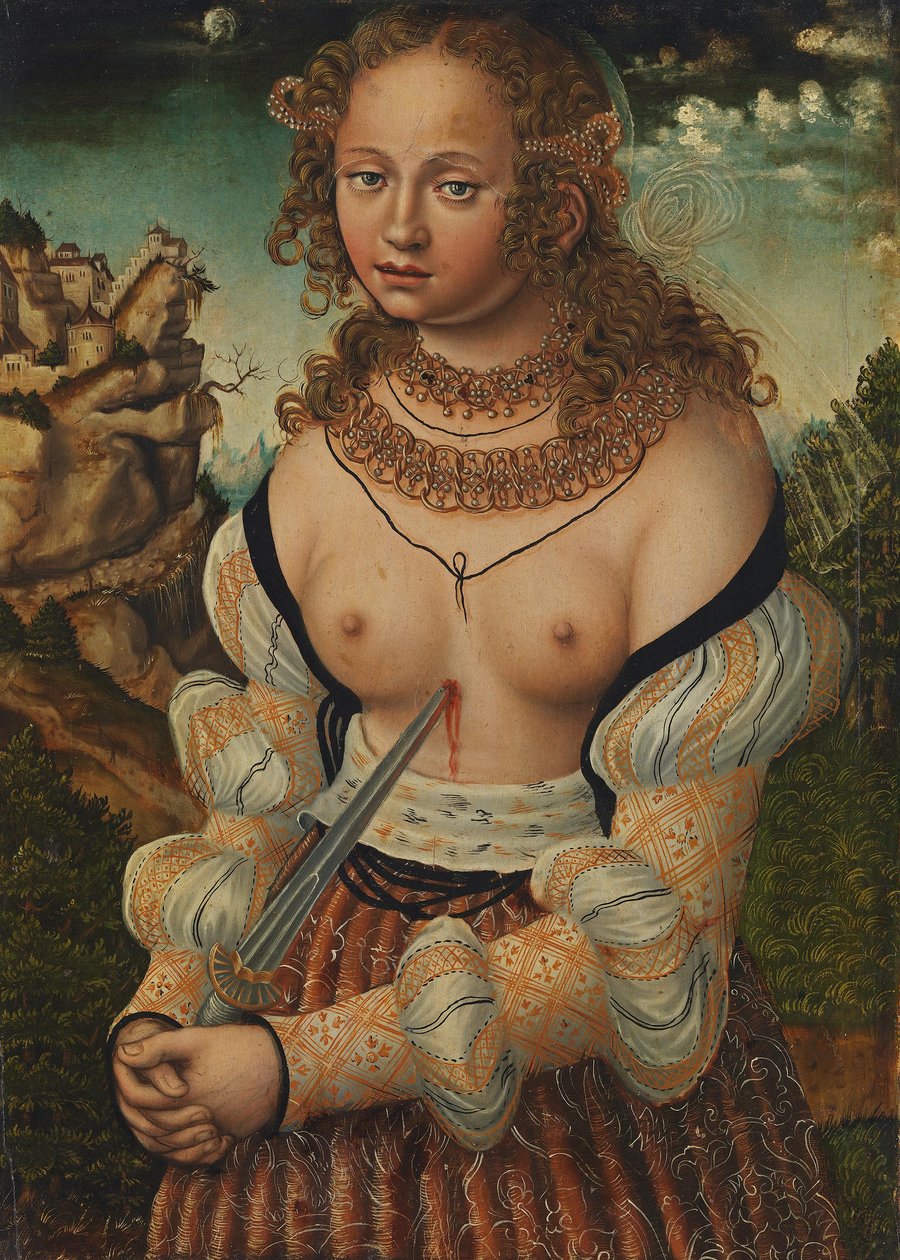 Tyska: Selbstmord der Lucretia Lucretias självmord av workshop of Lucas Cranach the Elder