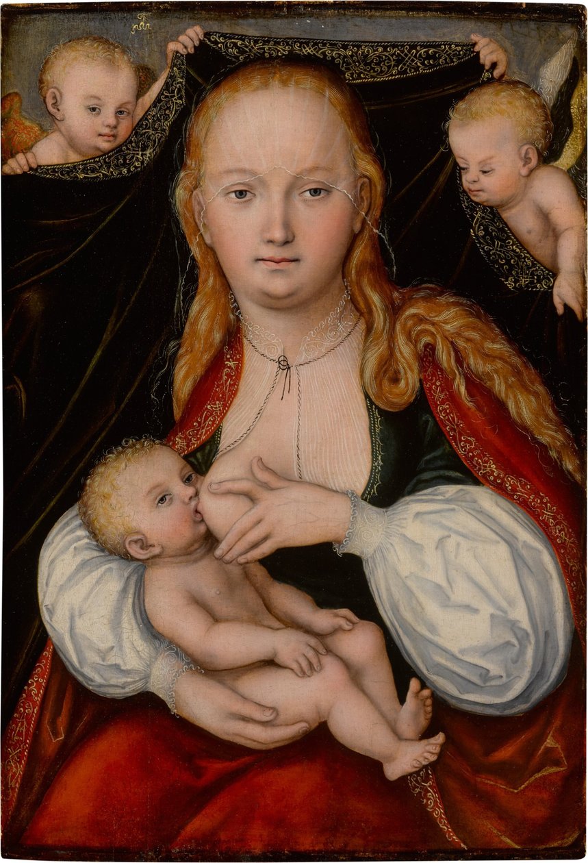 Madonna och barn med änglar av workshop of Lucas Cranach the Elder