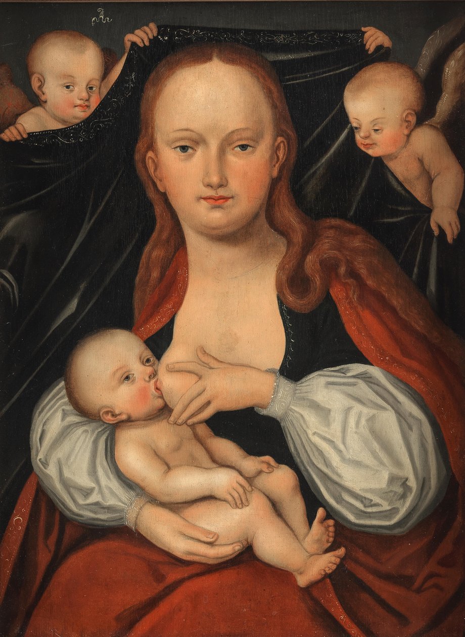 Madonnan och barnet framför en ridå som hålls av två änglar av workshop of Lucas Cranach the Elder