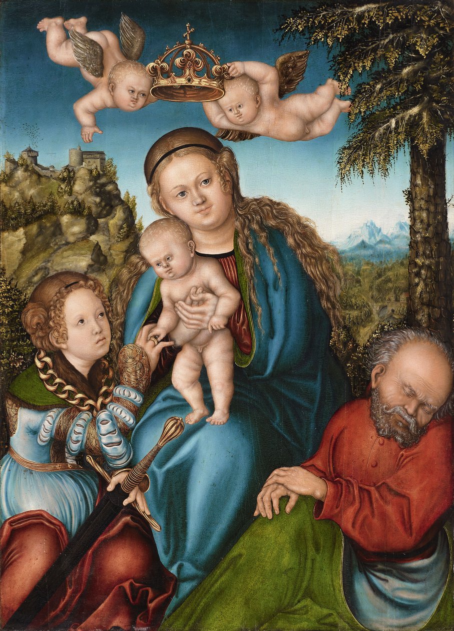 Den heliga Katarinas mystiska äktenskap av workshop of Lucas Cranach the Elder