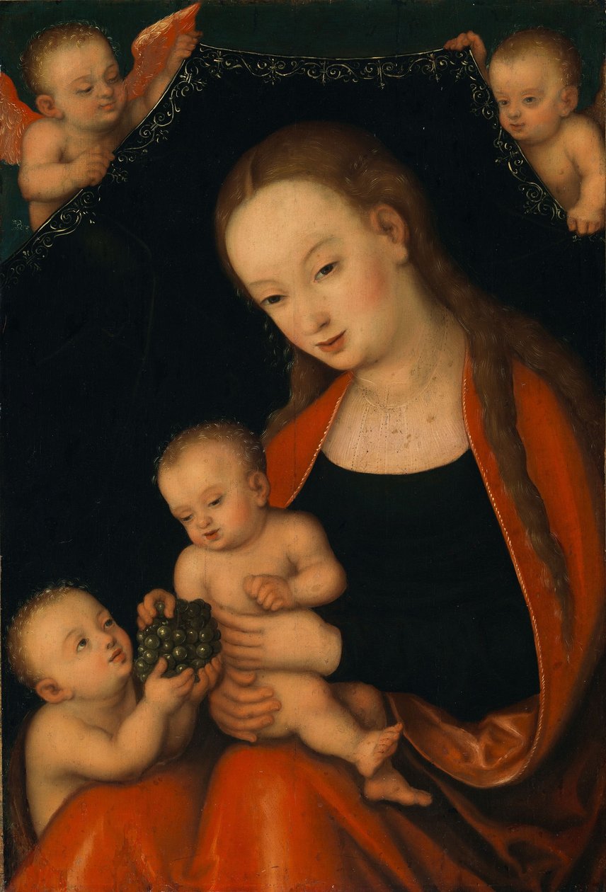 Jungfru Maria och barnet med Johannes Döparen och änglar av workshop of Lucas Cranach the Elder