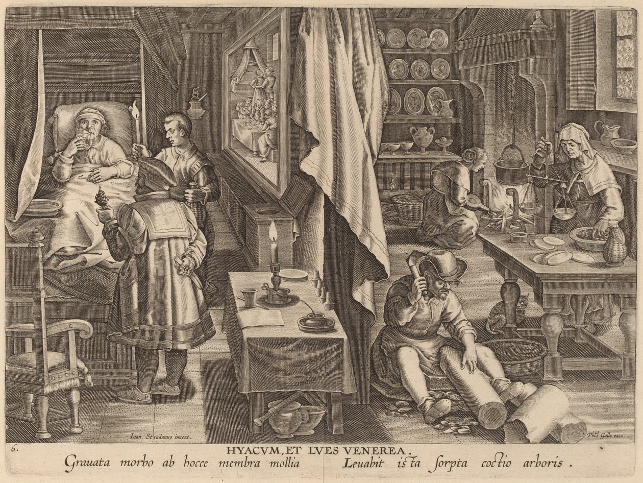 Guaiacum och venerisk infektion av Workshop of Philip Galle after Jan van der Straet