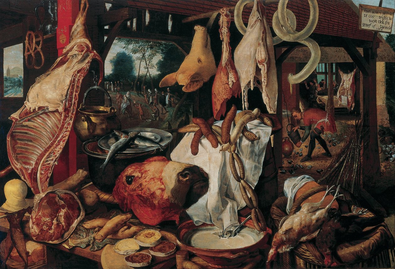 Stilleben med kött och den heliga familjen av Workshop of Pieter Aertsen
