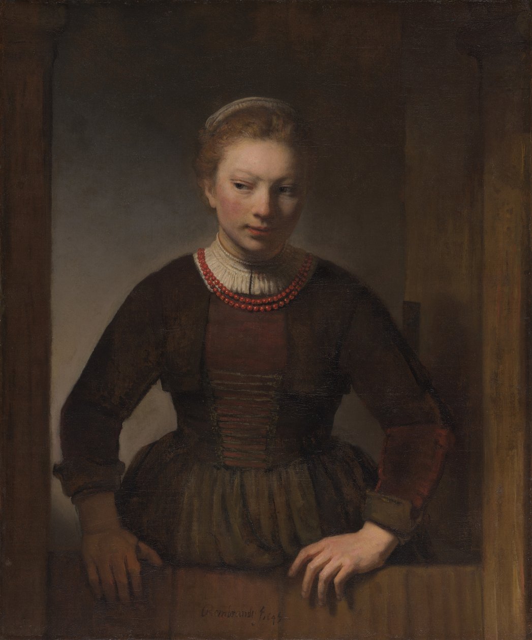 Ung kvinna vid en öppen halvdörr av Workshop of Rembrandt van Rijn