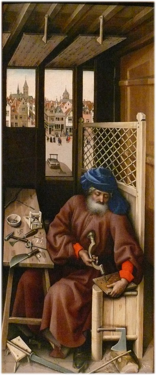 Annunciation Alternativ titel(s):   Mérode Altartavla
högra panelen: Sankt Josef som snickare av Workshop of Robert Campin