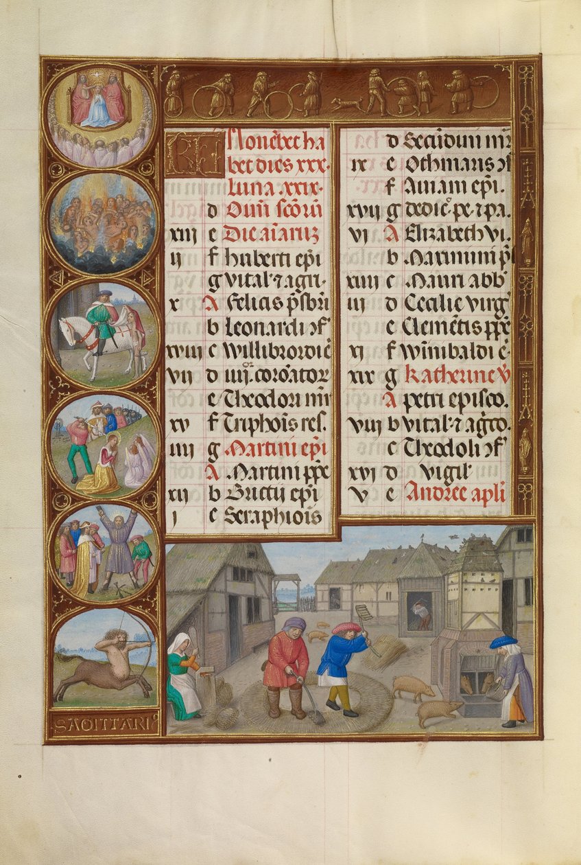Tröskning och grismatning; Stjärntecken för Skytten av Workshop of the Master of James IV of Scotland