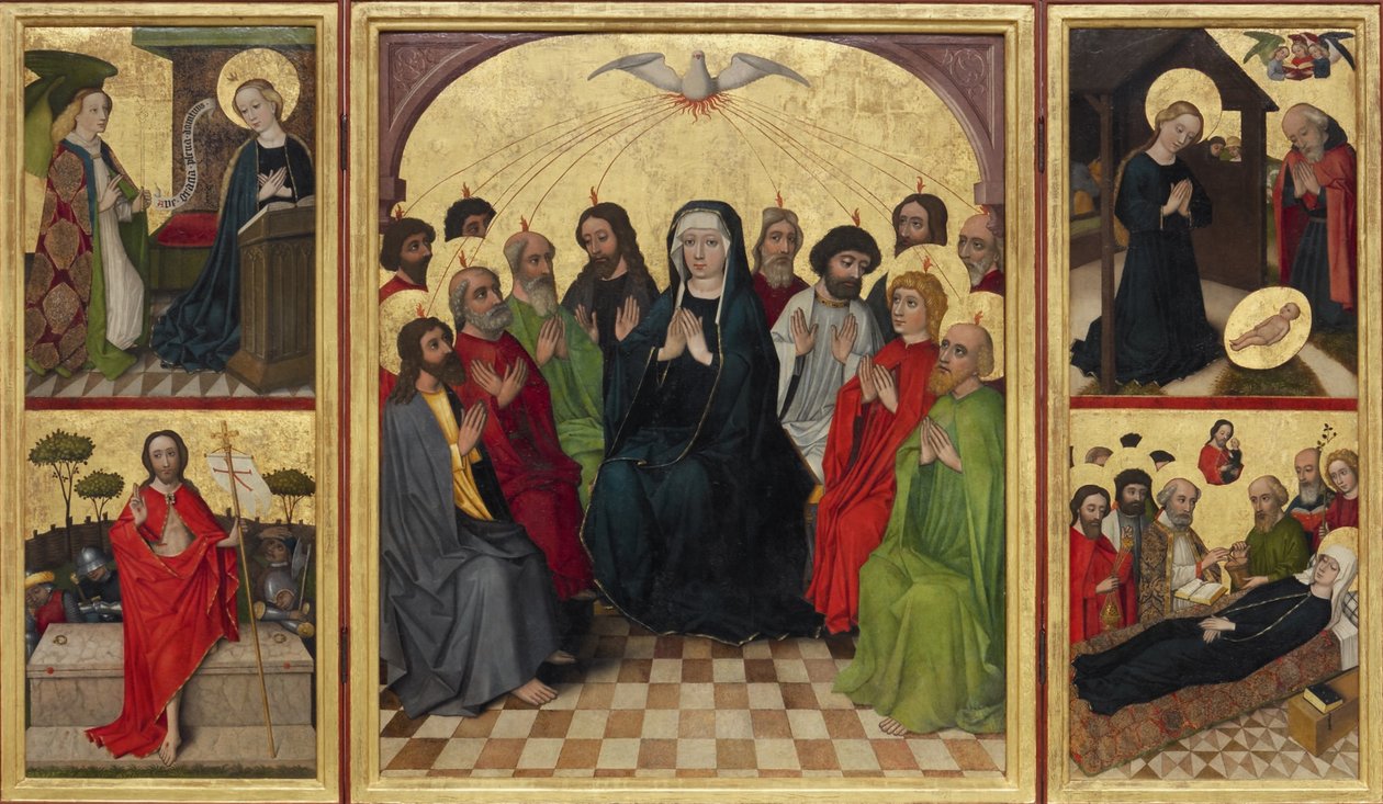 Den Helige Andes återställning öppen. Pingst, bebådelse, födelse, Kristi uppståndelse och Jungfruns död, ca. 1448 av Workshop of the Wolfgang Retable