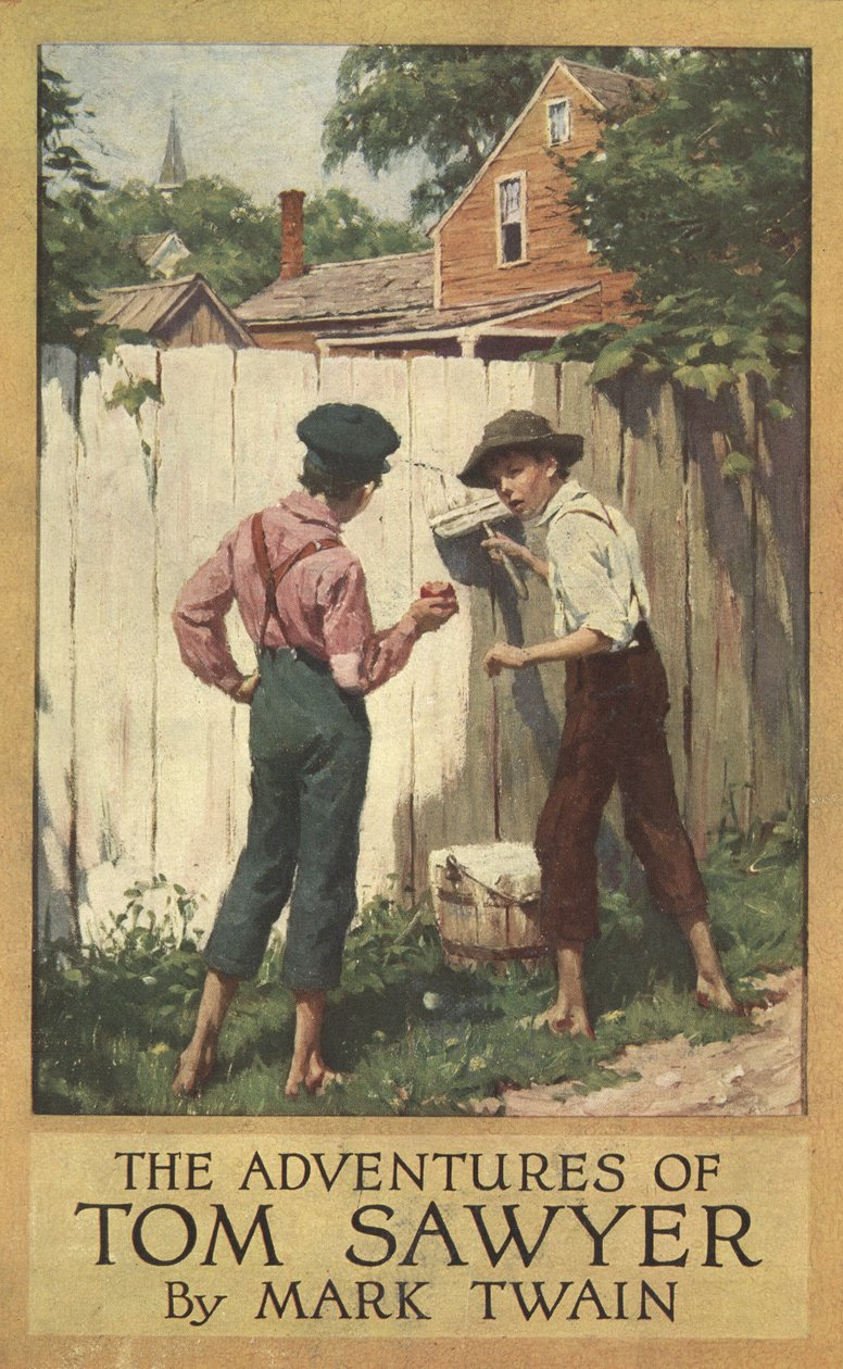 Skyddsomslag för The Adventures of Tom Sawyer av Mark Twain (1835 - 1910), pub. 1910 (lito i färg) av Worth Brehm