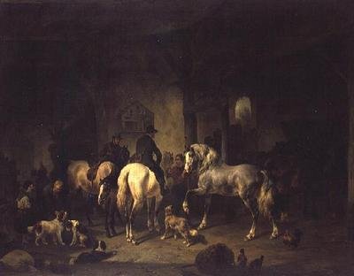 Interiören i ett stall med idrottare och andra djur av Wouterus Verschuur