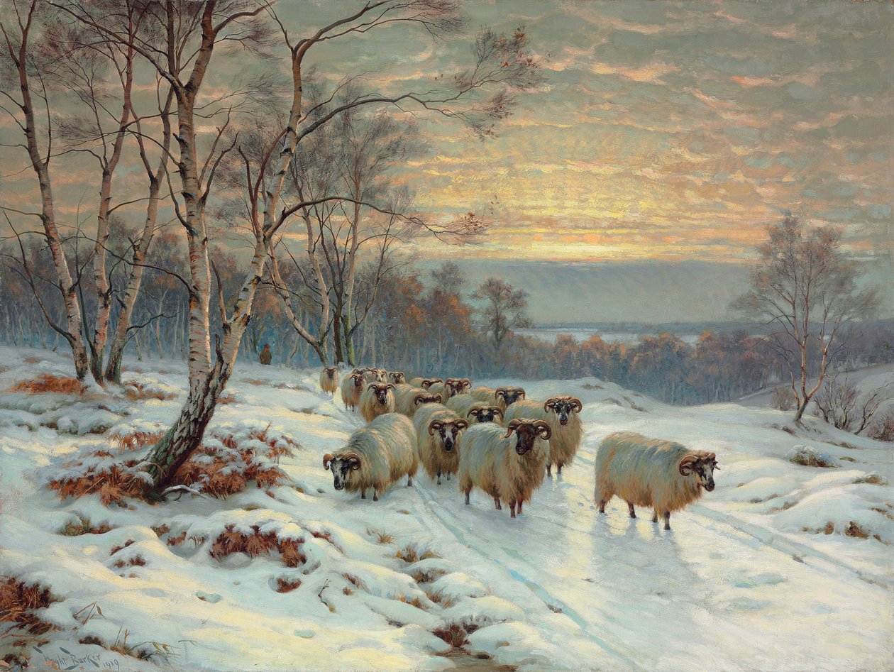 En herde med sin flock i ett vinterlandskap (olja på duk) av Wright Baker