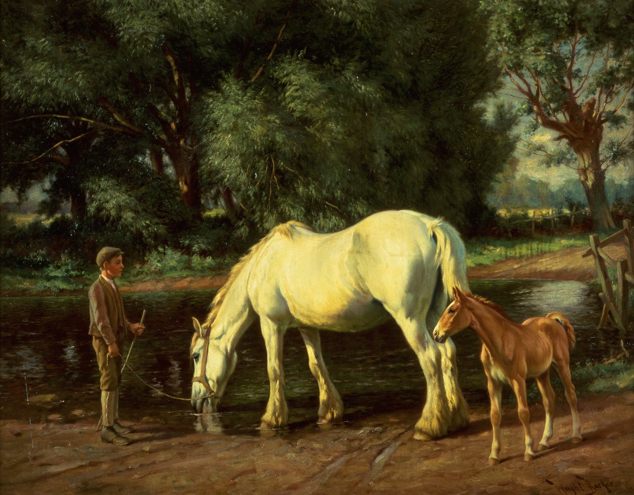 Ett sto och hennes föl vid ett ford (olja på duk) av Wright Barker