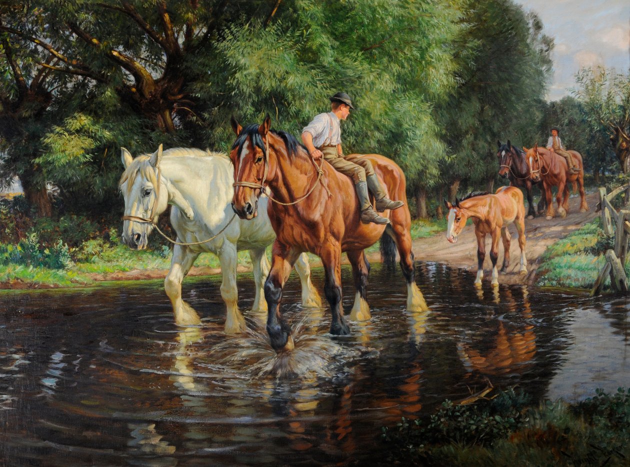 Gårdshästar och föl vid en ford, ca 1915 (olja på duk) av Wright Barker