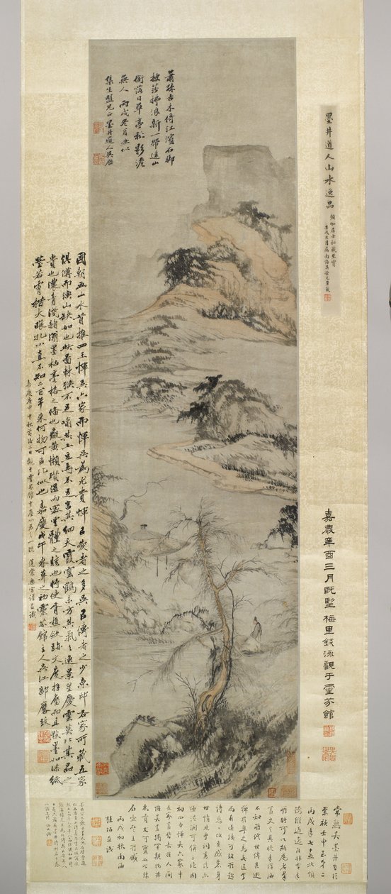 En gammal man som går vid en bäck, med avlägsna berg, 1706 (bläck och färg på papper) av Wu Li