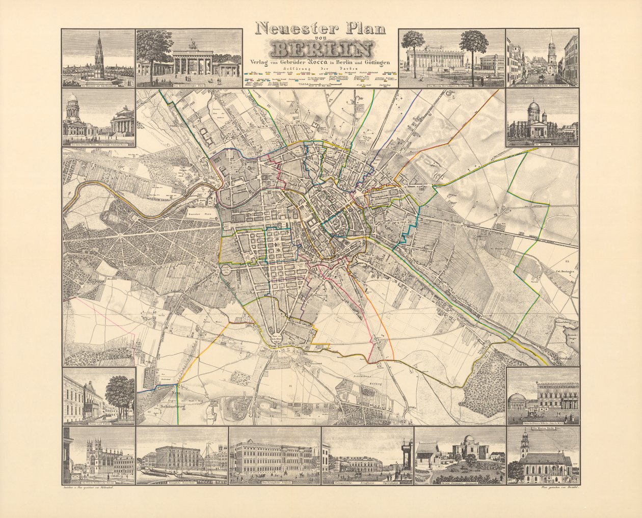 Historisk karta över Berlin, utgiven av Verlag von Gebrueder Rocca, Berlin 1838 av W.v. Moellendorf