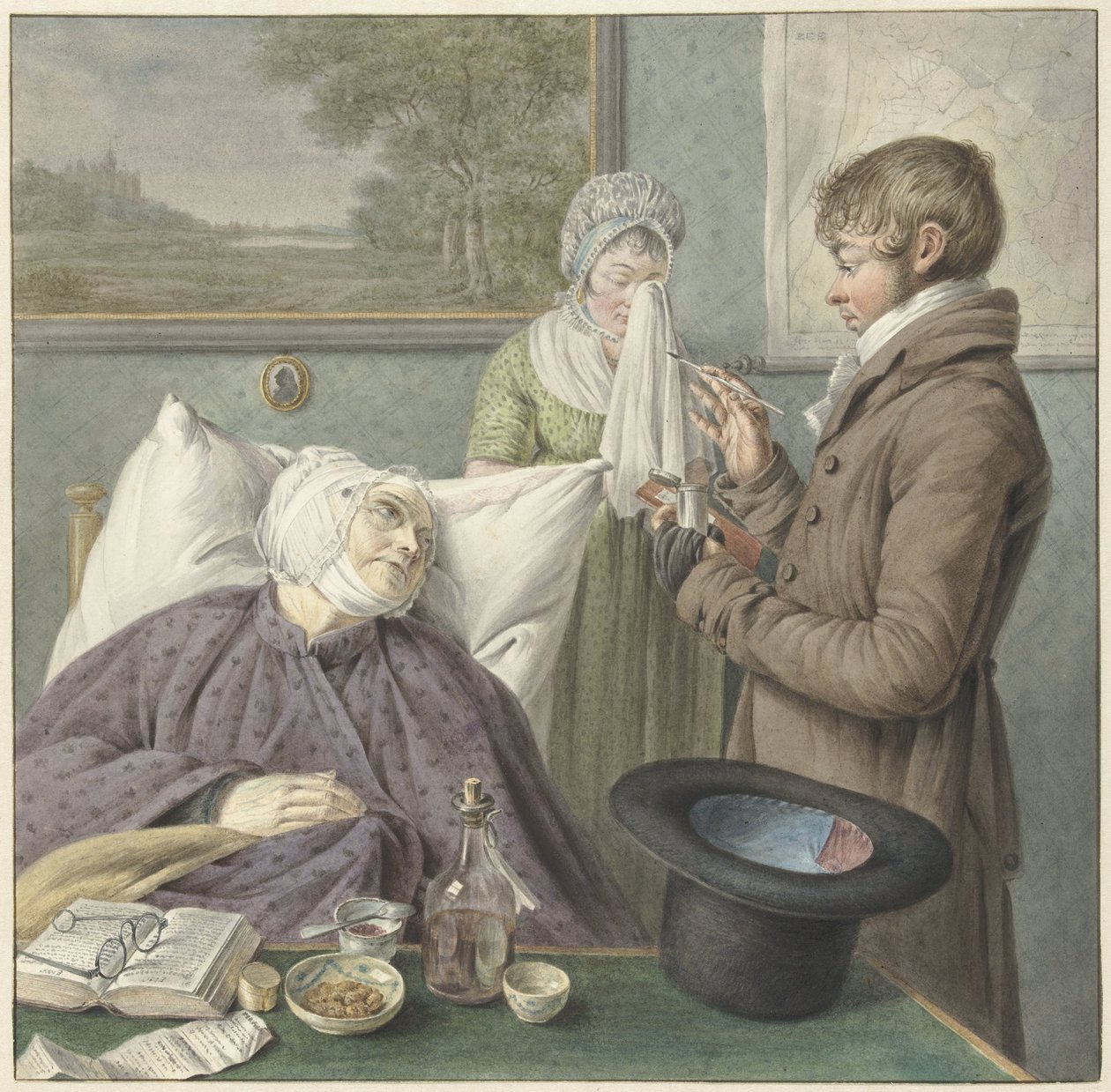 Läkare besöker en sjuk gammal kvinna i sängen av Wybrand Hendriks (attributed to)