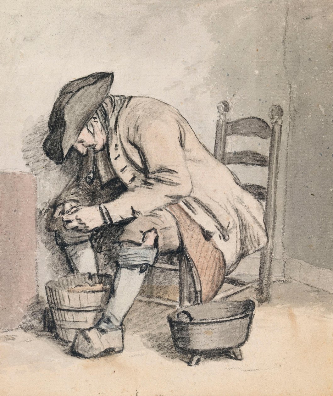 En sittande man som lutar sig över en hink; tre kvinnor (i skugga) på baksidan av Wybrand Hendriks