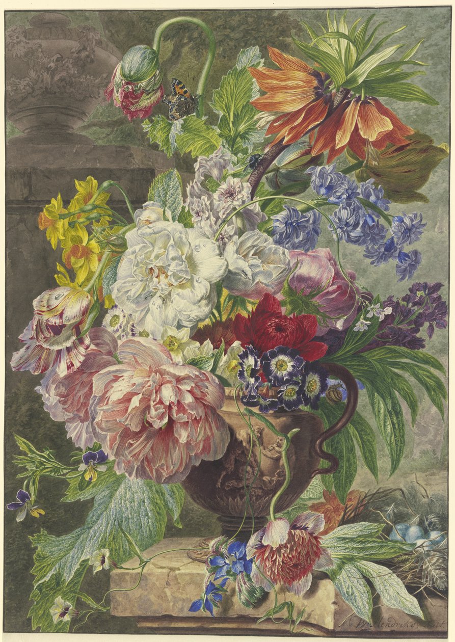Stilleben med blomsterbukett och fågelbo av Wybrand Hendriks